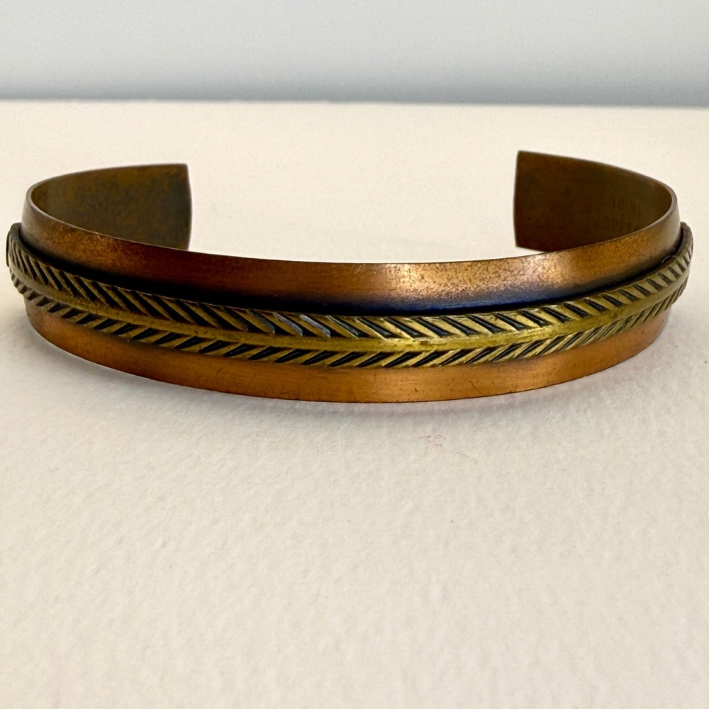Vintage Copper Cuff Bracelet Brass Herringbone Overlay Mixed Metal Boho